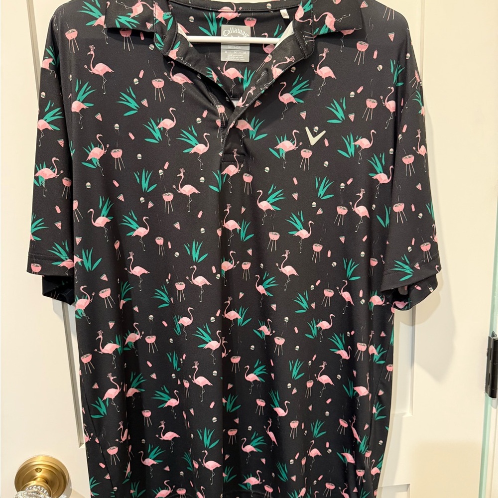 Callaway Black Polo with Pink Flamingo Print